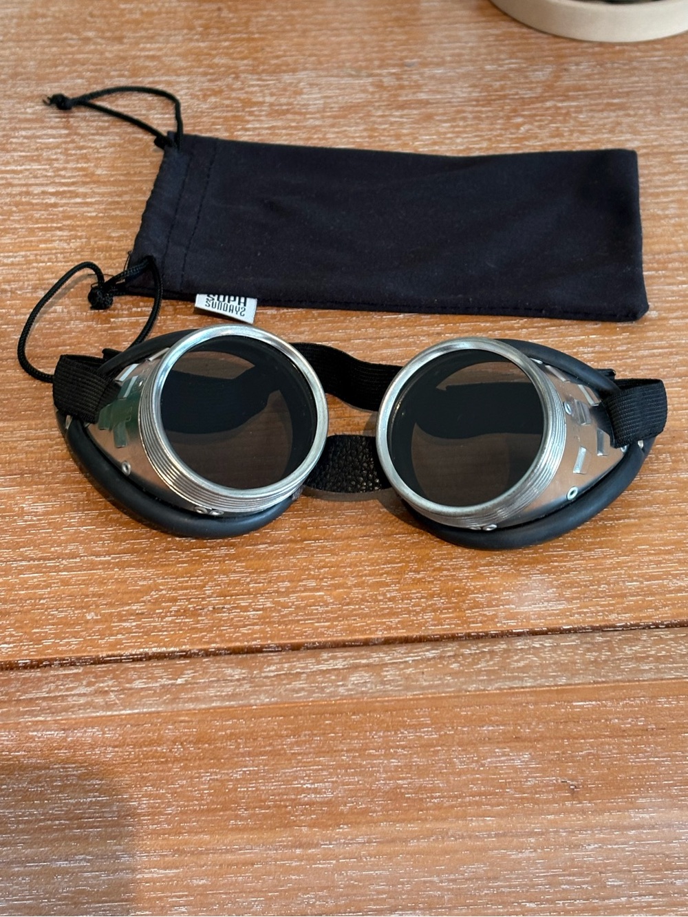 Black & Silver Burning Man Steampunk Goggles with Drawstring Pouch
